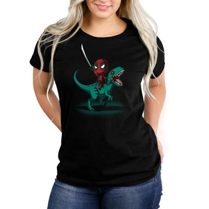 A women's officially licensed Marvel - Deadpool/X-Men t-shirt featuring Deadpool on a Raptor.