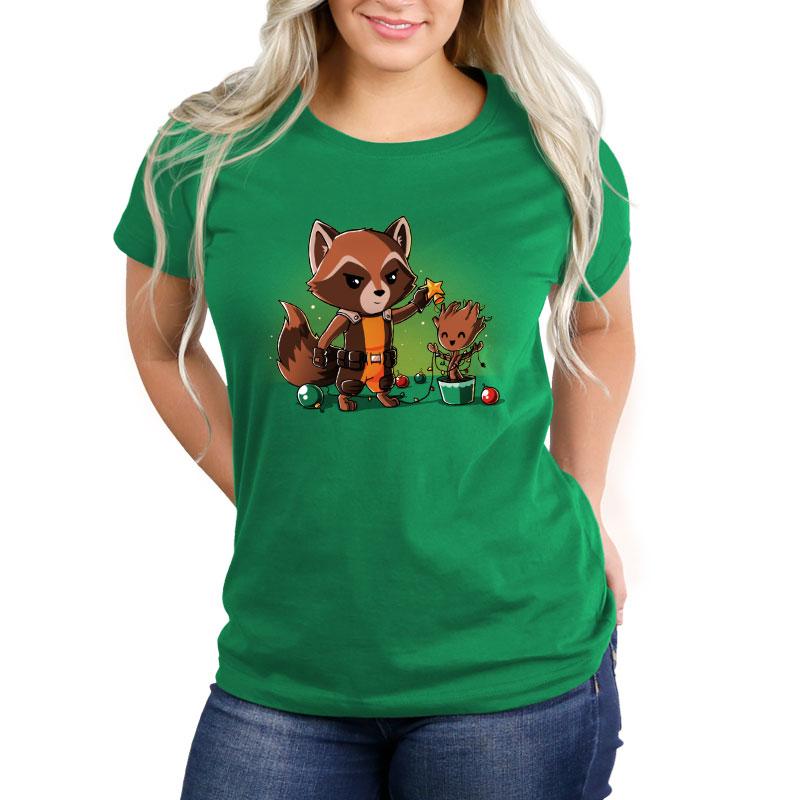This officially licensed Rocket Around the Christmas Tree Marvel women's T-shirt features the Guardians of the Galaxy Rocket Raccoon.