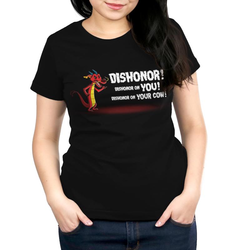 A woman wearing a Disney Dishonor!-inspired T-shirt.