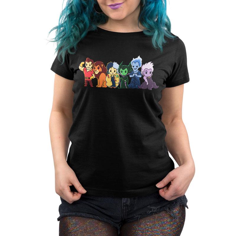 A woman wearing an Officially Licensed Disney Villains T-shirt with a group of cartoon characters on it.