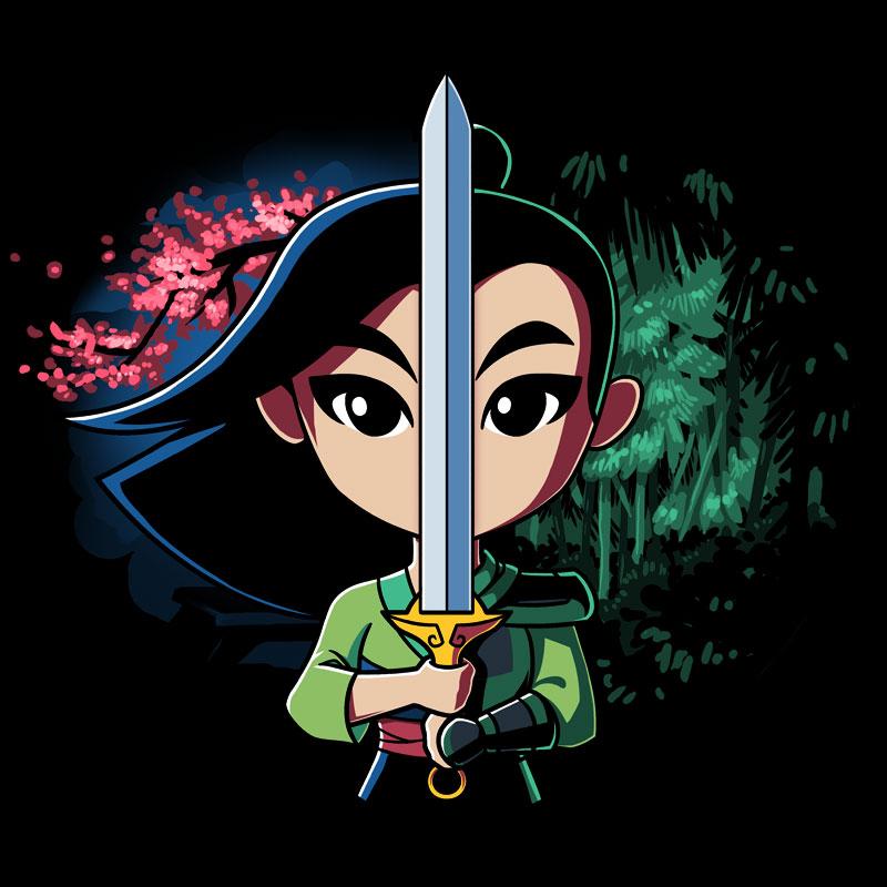 A Disney Double-Edged Sword t-shirt featuring Mulan holding a sword against a dark background.