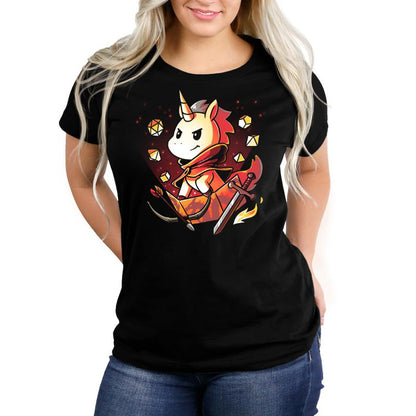 A black women's t-shirt with an image of a unicorn holding a sword from Dungeons and Unicorns by TeeTurtle.