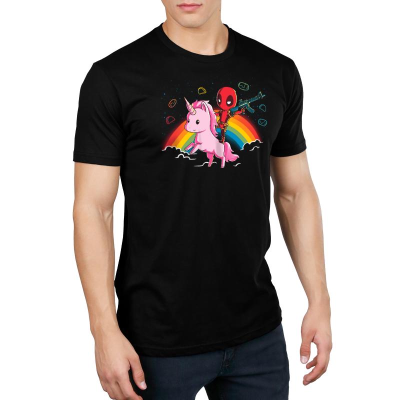 A man wearing an Epic Deadpool Shirt from Marvel - Deadpool/X-Men, with a unicorn on it.