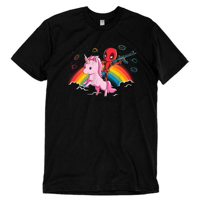 A pink unicorn and rainbow design on an officially licensed Epic Deadpool Shirt by Marvel - Deadpool/X-Men.