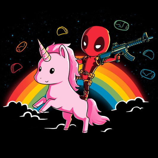 Officially licensed Marvel - Deadpool/X-Men Epic Deadpool Shirt riding on a unicorn.