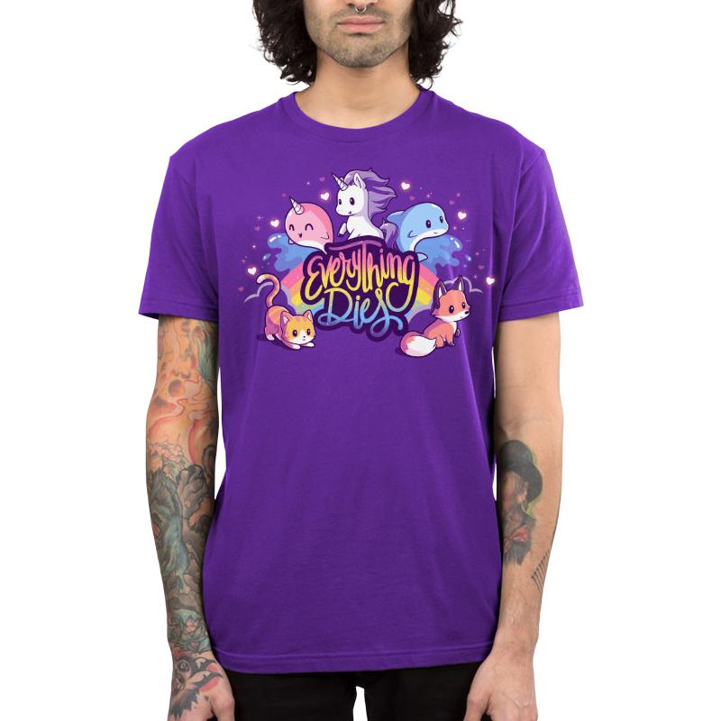 A TeeTurtle Everything Dies purple t-shirt featuring an image of a unicorn.