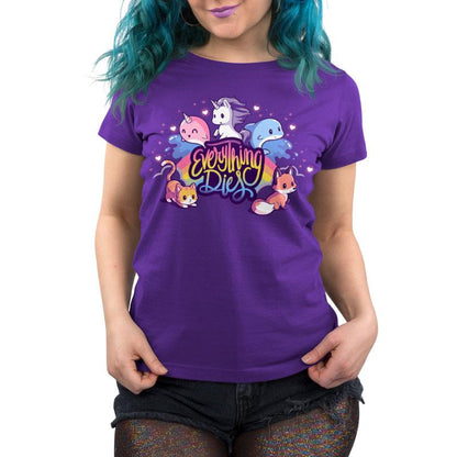 A purple women's t-shirt featuring an image of a unicorn from TeeTurtle's Everything Dies.