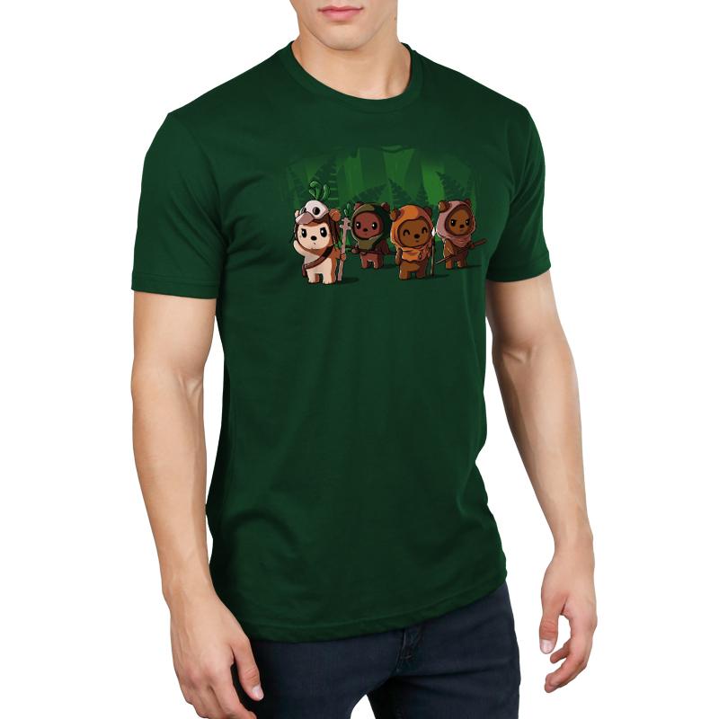A man wearing a green t-shirt with unique Star Wars Ewoks.