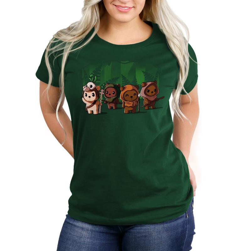A unisex Star Wars forest green Ewoks tee with a group of animals in the forest.