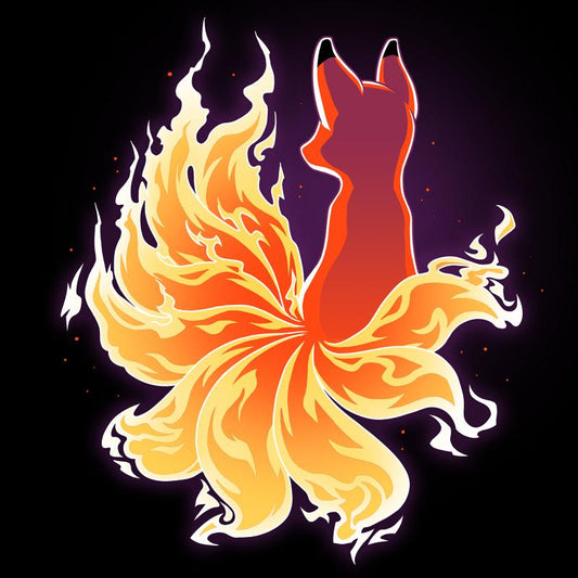 A TeeTurtle Fire Kitsune engulfed in flames on a black background.