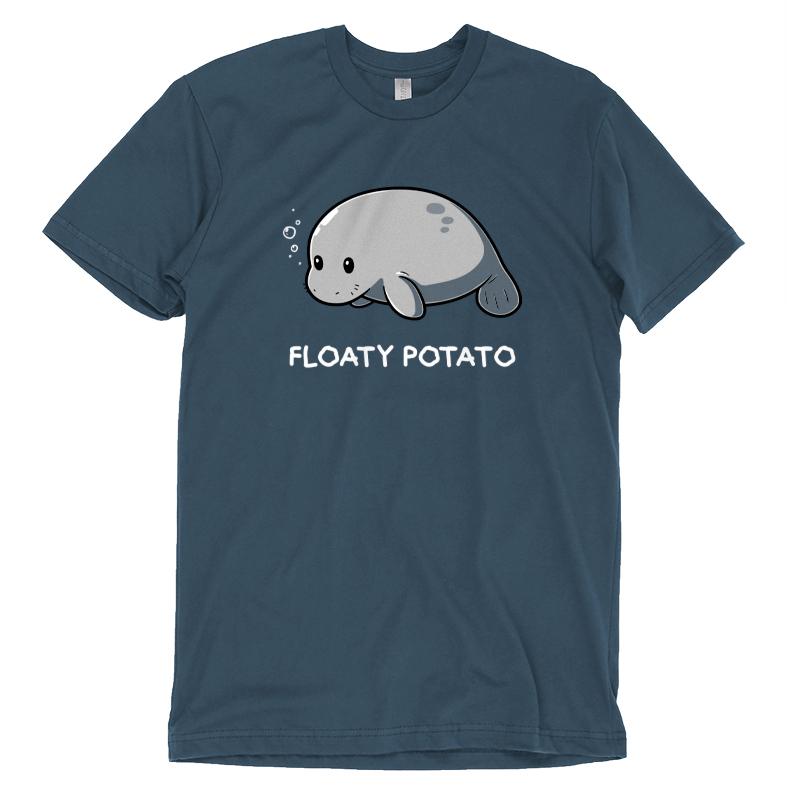 Premium Cotton T-shirt_Teeturtle Floaty Potato denim t-shirt featuring an adorable manatee floating above the words 'Floaty Potato.'