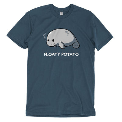 Premium Cotton T-shirt_Teeturtle denim blue Floaty Potato apparel featuring an adorable manatee floating above the words 'Floaty Potato.'