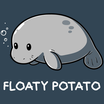 Premium Cotton T-shirt_Teeturtle denim blue Floaty Potato apparel featuring an adorable manatee floating above the words 'Floaty Potato.'