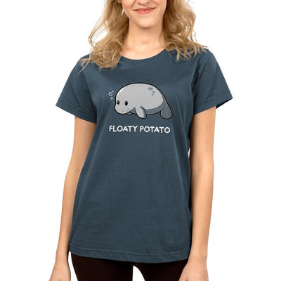 Premium Cotton T-shirt_Teeturtle denim blue Floaty Potato apparel featuring an adorable manatee floating above the words 'Floaty Potato.'
