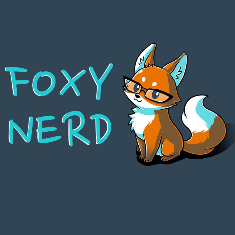 A cartoon fox with glasses sits next to the text "FOXY NERD" on a dark background, all printed on a super soft ringspun cotton indigo Foxy Nerd T-shirt by monsterdigital.