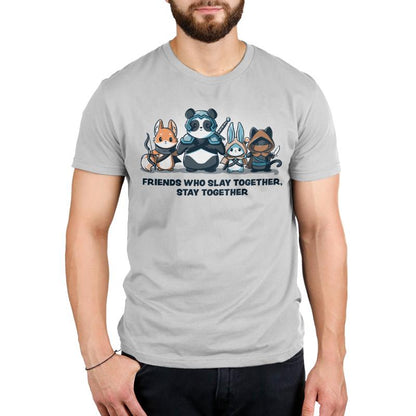A men's Friends Who Slay Together, Stay Together t-shirt with a raccoon and a fox from TeeTurtle.