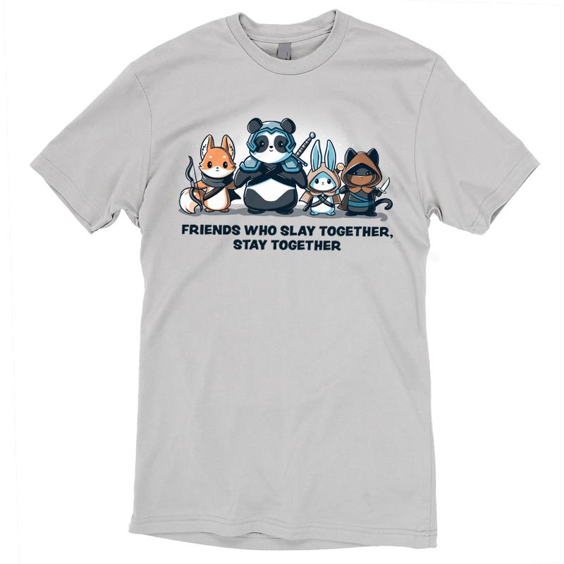 Friends stay together in a new TeeTurtle Friends Who Slay Together, Stay Together silver t-shirt.