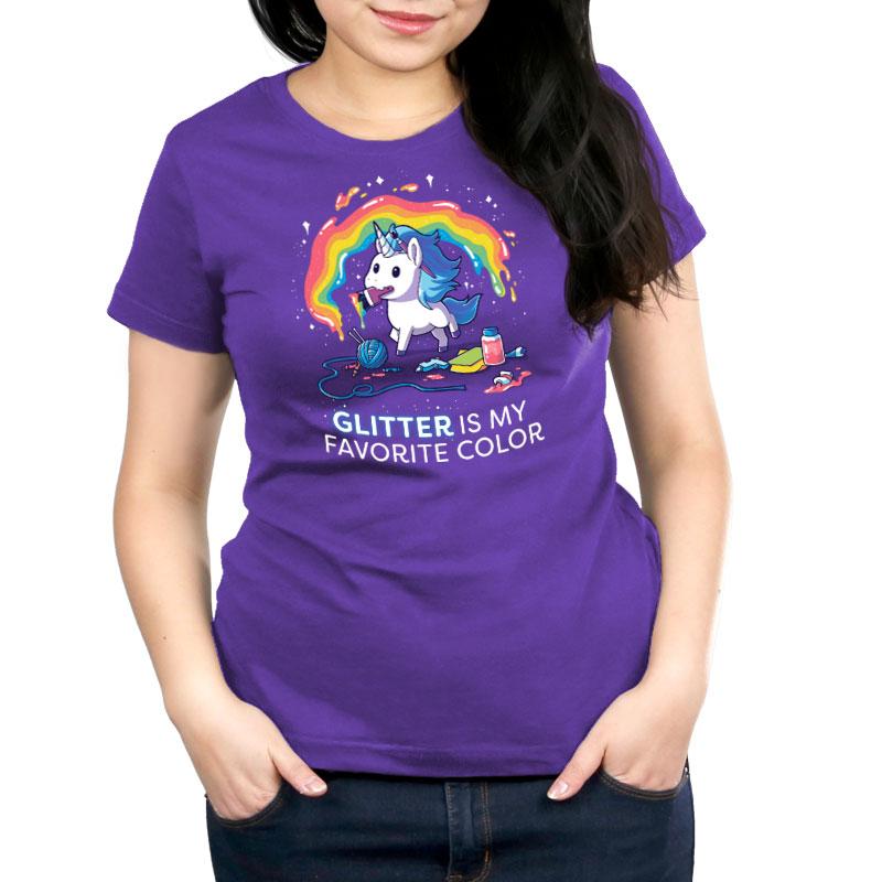 A woman wearing a purple t-shirt from TeeTurtle with the product name "Glitter is My Favorite Color".