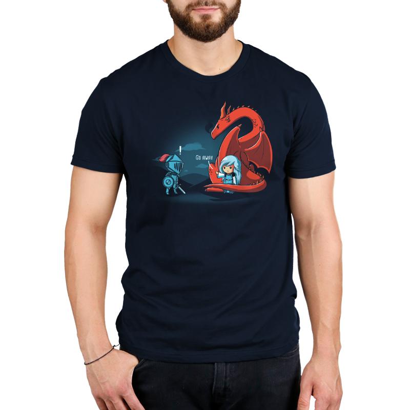 A navy blue men's TeeTurtle t-shirt featuring an image of a man and a dragon, the Damsel in Control by TeeTurtle.