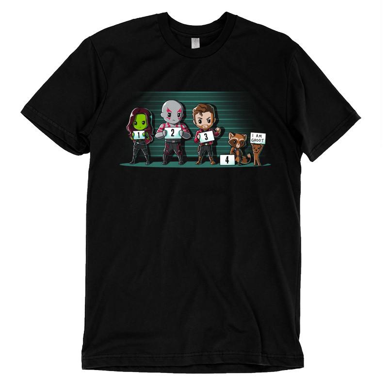 A black officially licensed Marvel T-shirt with Groot character(s) on it, called The Lineup.