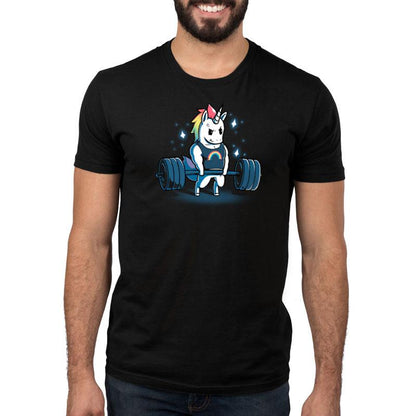 A black t-shirt with an image of a Gym Unicorn lifting weights by TeeTurtle.