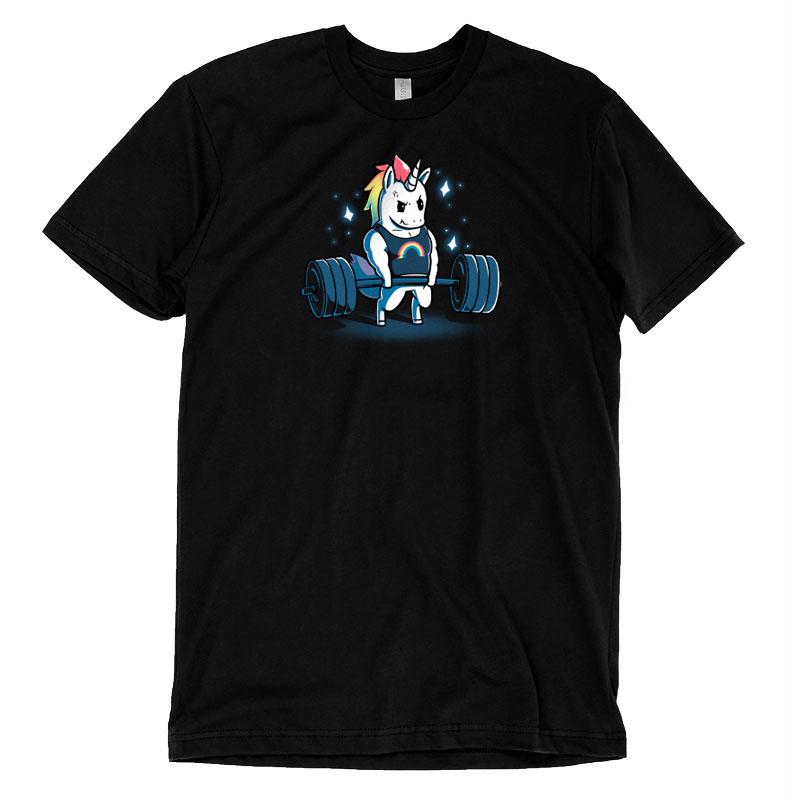 A Gym Unicorn sitting on a barbell adorns this black t-shirt, ensuring a casual fit for maximum comfort from TeeTurtle.
