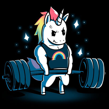 A TeeTurtle Gym Unicorn t-shirt featuring a cartoon unicorn lifting a barbell.