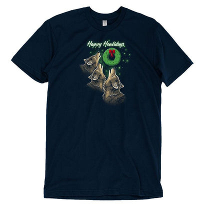 A navy blue T-shirt with two wolves and a Christmas tree on it, perfect for the TeeTurtle Happy Howlidays season.
