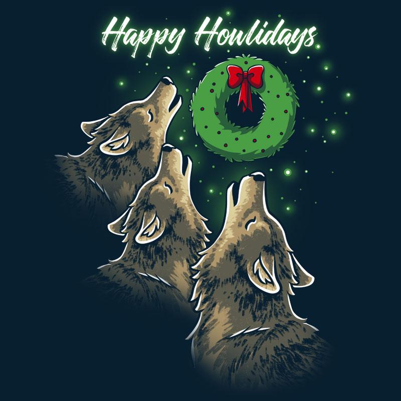 Navy blue T-shirt featuring three wolves with the Happy Howlidays brand from TeeTurtle on them.