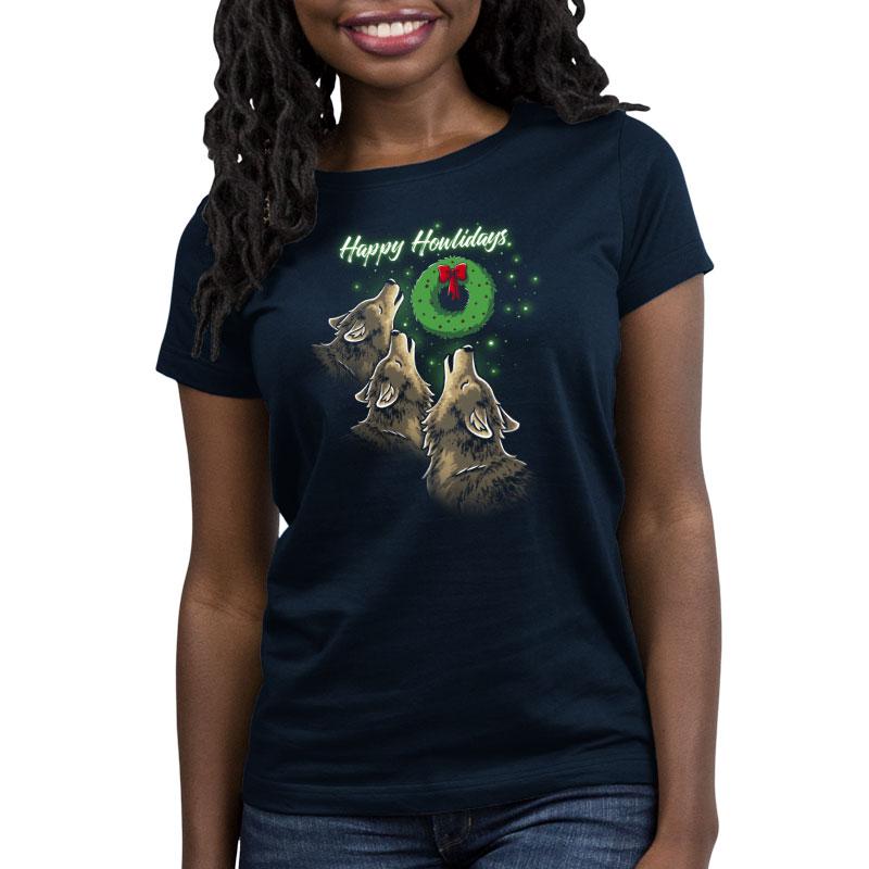 A navy blue women's Happy Howlidays t-shirt by TeeTurtle with the words "happy holidays" written on it.