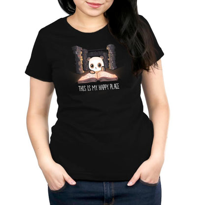 A woman in a black t-shirt, happy in her My Happy Place by TeeTurtle attire.