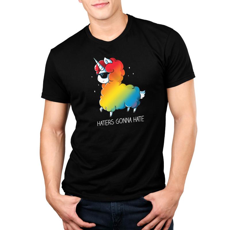 Premium Cotton T-shirt_Teeturtle Haters Gonna Hate black t-shirt featuring a llama-unicorn with a rainbow-colored fluffy body wearing sunglasses, walking confidently with the text "Haters Gonna Hate" below.