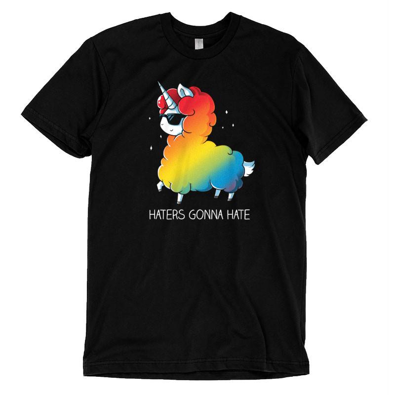 Premium Cotton T-shirt_Teeturtle Haters Gonna Hate black t-shirt featuring a llama-unicorn with a rainbow-colored fluffy body wearing sunglasses, walking confidently with the text "Haters Gonna Hate" below.