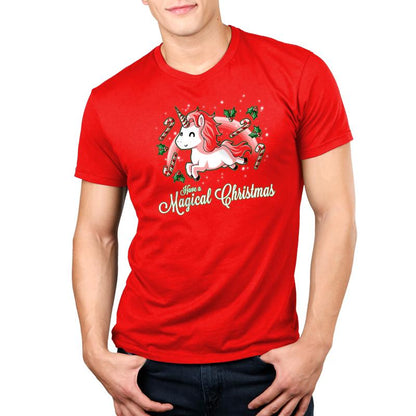 A man wearing a red TeeTurtle t-shirt, spreading TeeTurtle's Have a Magical Christmas vibes.