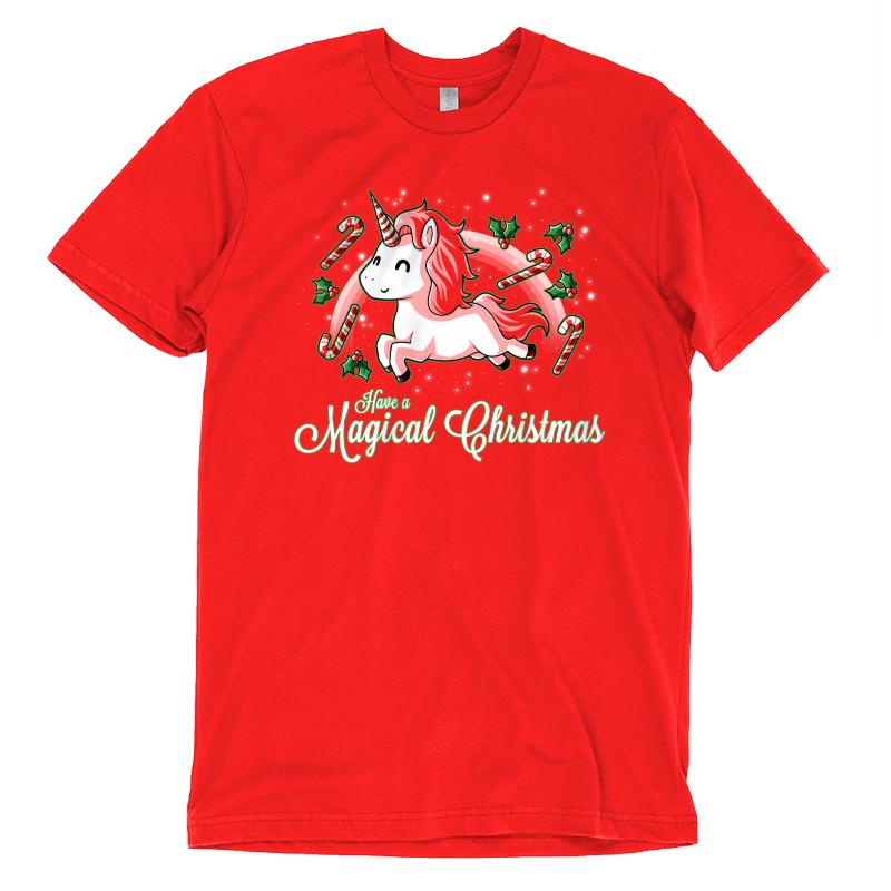 A Have a Magical Christmas t-shirt by TeeTurtle featuring a red tee with the phrase "Merry Christmas.