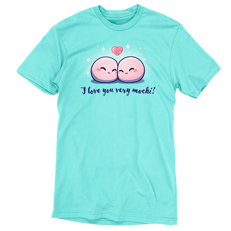 Premium Cotton T-shirt_Teeturtle I Love You Very Mochi! Caribbean Blue t-shirt Featuring a pair of cartoon Mochi balls cuddling amidst sparkles with a heart above them and the words 'I love you very Mochi.' written beneath.