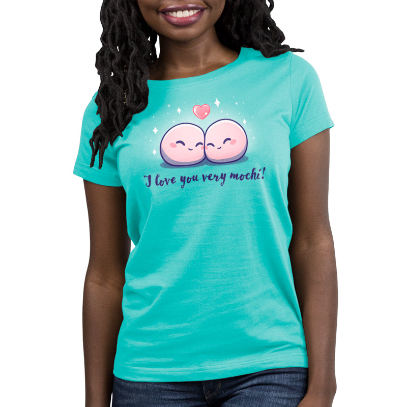 Premium Cotton T-shirt_Teeturtle I Love You Very Mochi! Caribbean Blue t-shirt Featuring a pair of cartoon Mochi balls cuddling amidst sparkles with a heart above them and the words 'I love you very Mochi.' written beneath.