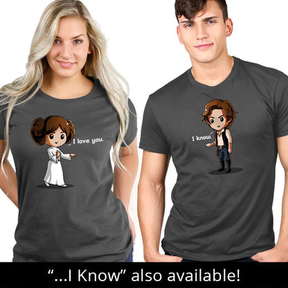 A couple of licensed Star Wars t-shirts proclaiming "I Love You, Star Wars" and "I know, Star Wars.