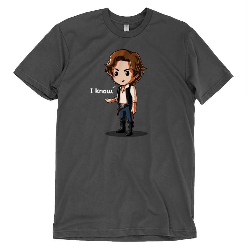 An officially licensed Star Wars t-shirt featuring Han Solo wearing a hat, called "I Know" by Star Wars.