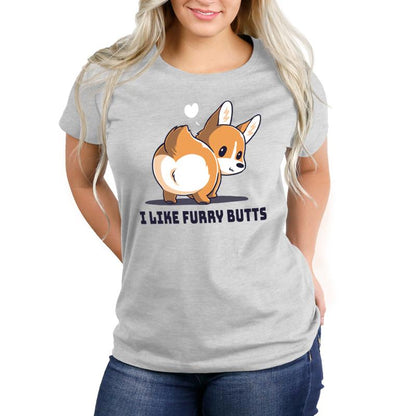 Premium Cotton T-shirt_TeeTurtle I Like Furry Butts silver gray t-shirt featuring a corgi with a white heart above its head.