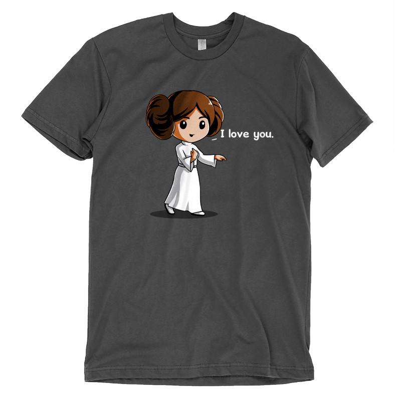 Officially licensed Star Wars merchandise: A black t-shirt that says "I Love You, Star Wars".