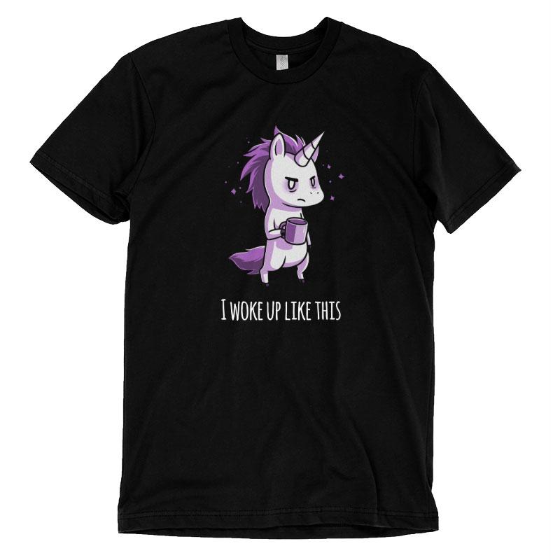 Premium Cotton T-shirt_TeeTurtle black Morning Unicorn. Featuring a disheveled unicorn holding a coffee cup.