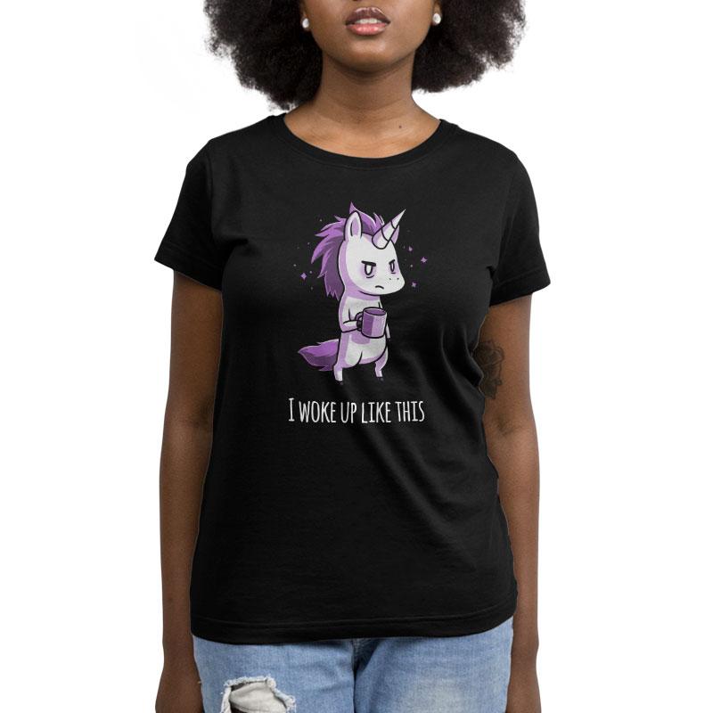 Premium Cotton T-shirt_TeeTurtle black Morning Unicorn. Featuring a disheveled unicorn holding a coffee cup.