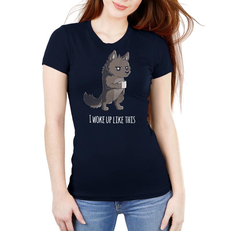 A navy blue women's I Woke Up Like This t-shirt with a cat on it by TeeTurtle.