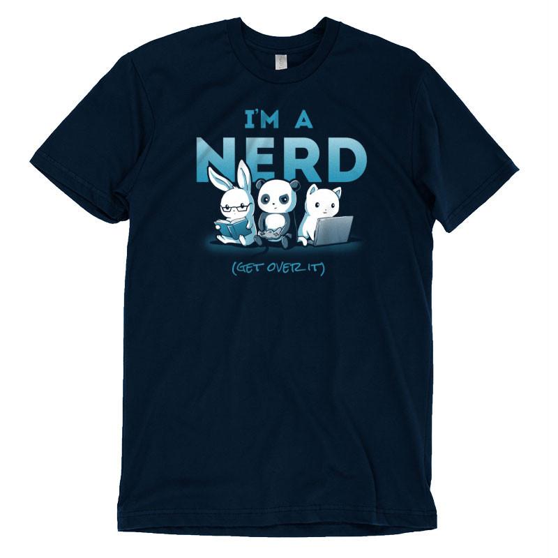 Premium Cotton T-shirt_TeeTurtle navy blue I'm A Nerd. Featuring a bunny, panda, and cat respectively reading, playing a video game, and typing on a laptop.