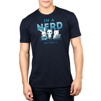 Premium Cotton T-shirt_TeeTurtle navy blue I'm A Nerd. Featuring a bunny, panda, and cat respectively reading, playing a video game, and typing on a laptop.