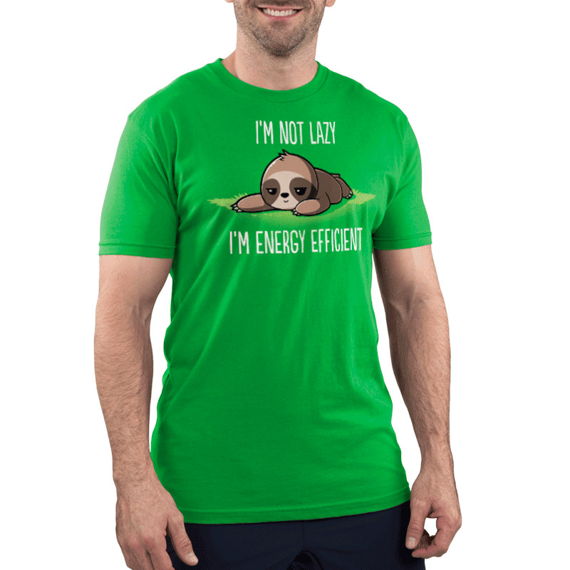 Premium Cotton T-shirt - A man wearing an apple green, super soft ringspun cotton apparel with a sloth graphic and text that reads "I'm Energy Efficient" by monsterdigital.