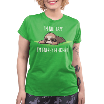 Premium Cotton T-shirt - A person wearing a monsterdigital I'm Energy Efficient apparel made of Super Soft Ringspun Cotton with an illustration of a sloth and the text "I'm not lazy, I'm energy efficient" printed on it.