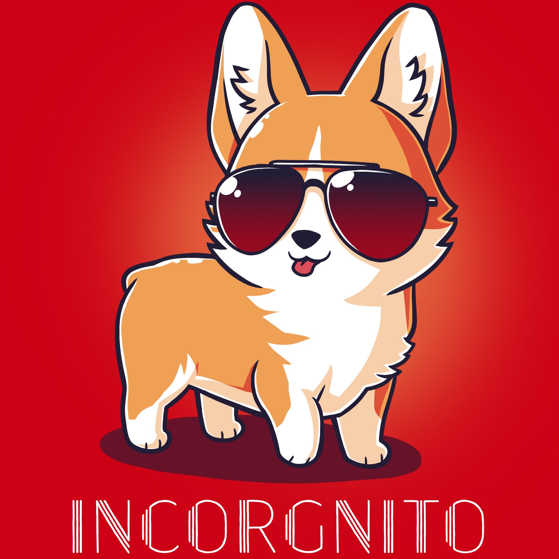 A hooman can find a TeeTurtle corgi wearing sunglasses on a red background at Incorgnito.