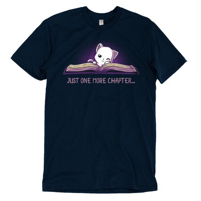 Premium Cotton T-shirt_TeeTurtle navy blue Just One More Chapter. Featuring a sleepy white cat reading a book.